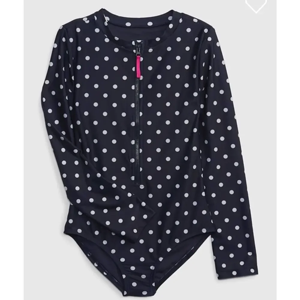 NWT Gap Gapkids Zipper Rash Guard Swim One-Piece in Navy Polka Dots (XS)